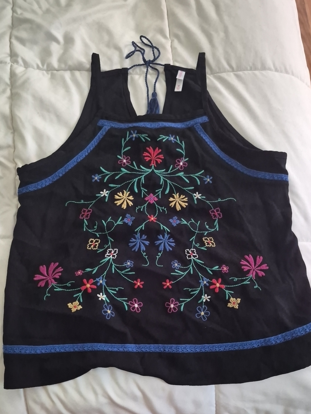 Women's Black Embroidered Halter Tank Top